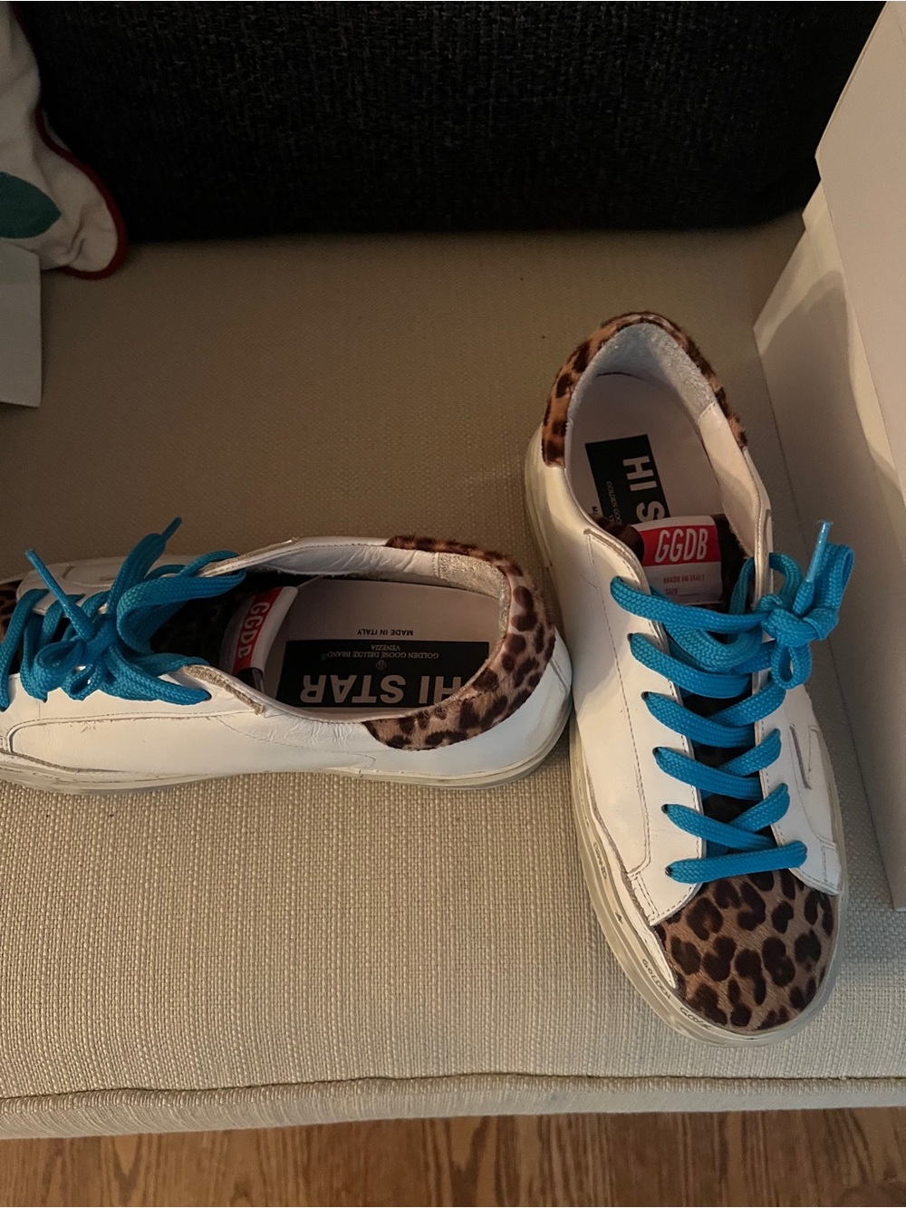 Golden Goose White Sneakers with Leopard Print and Bright Blue Laces